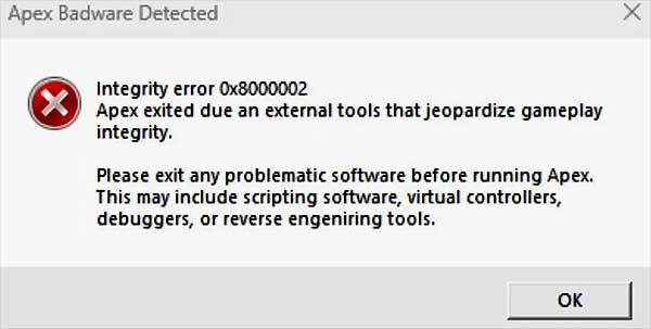 Integrity Error 0x8000002 - Apex Badware Detected: как устранять