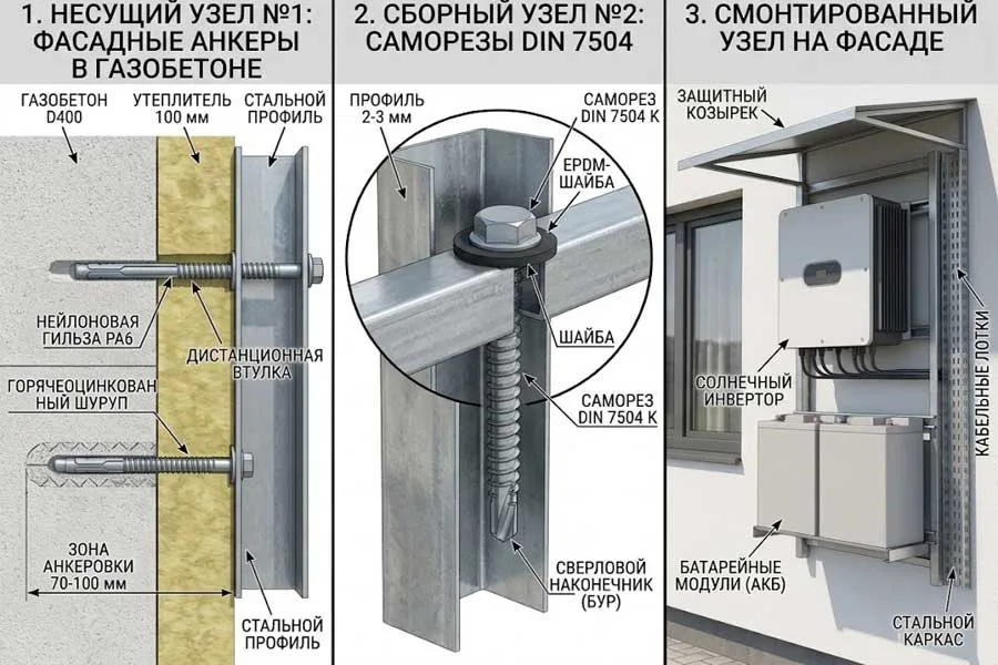 Инвертор и АКБ домашней СЭС на фасаде из газобетона: чем и как крепить
